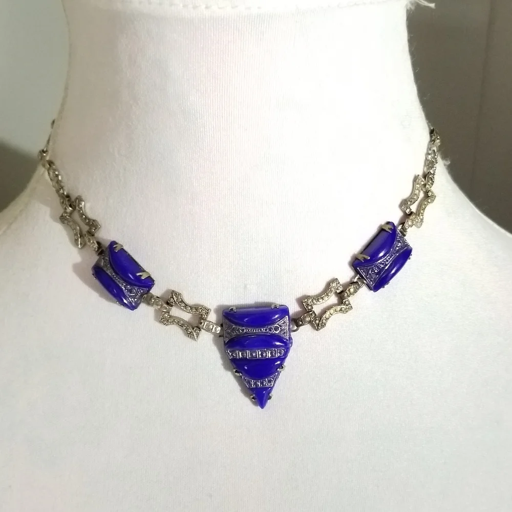 Relisted-Vintage Art Deco necklace blue glass silver tone choker - Picture 3 of 17